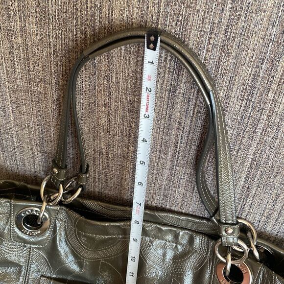 Coach Women’s Patent Leather Gray Stitched Monogram Top Zip Shoulder Handbag - Picture 10 of 16